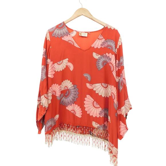 Magic Of The Moon Women's Flared Sleeve Silky Beaded Asymmetrical Blouse Size 1X - Picture 1 of 5